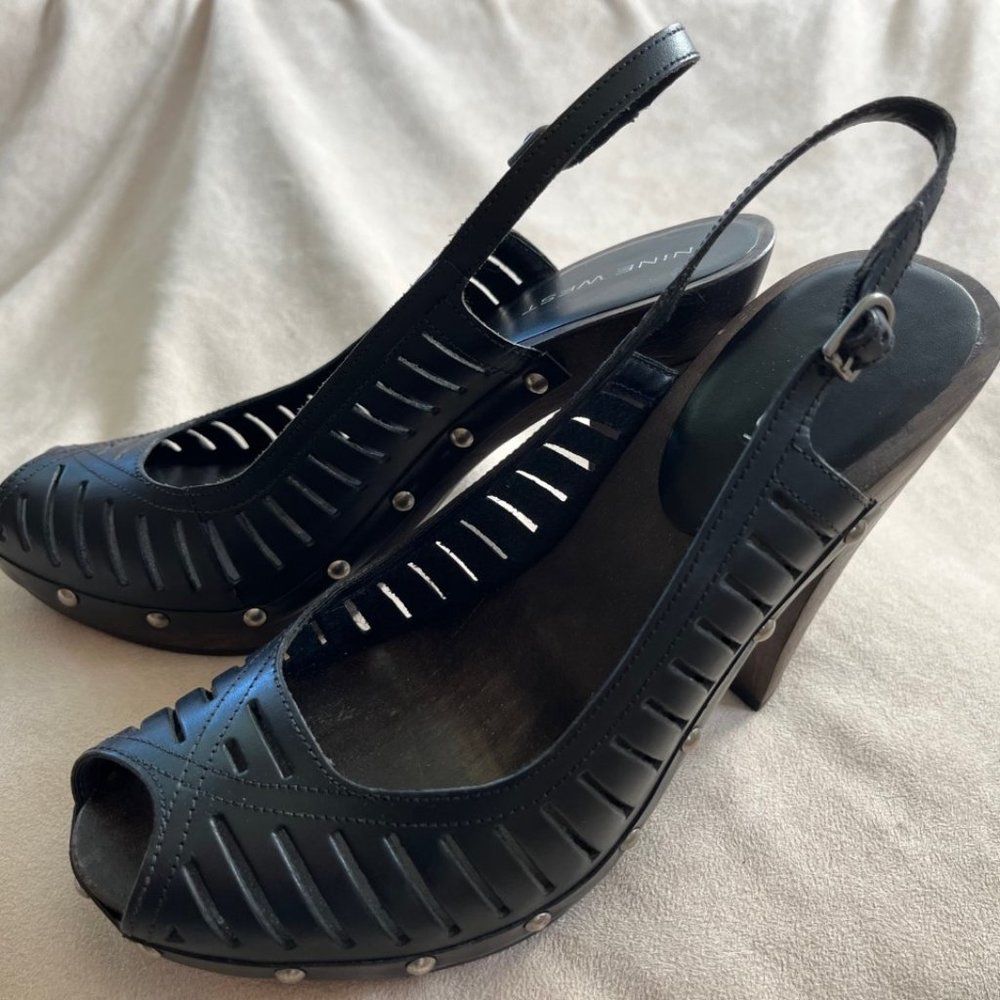 Women's Nine West Sling Back Peep Toe Upper Black Leather Size 7